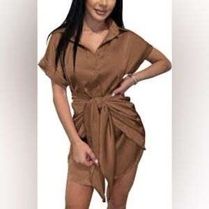 BTFBM Satin Short Sleeve Button Down Dress with Side Tie Knot NWT SZ Medium